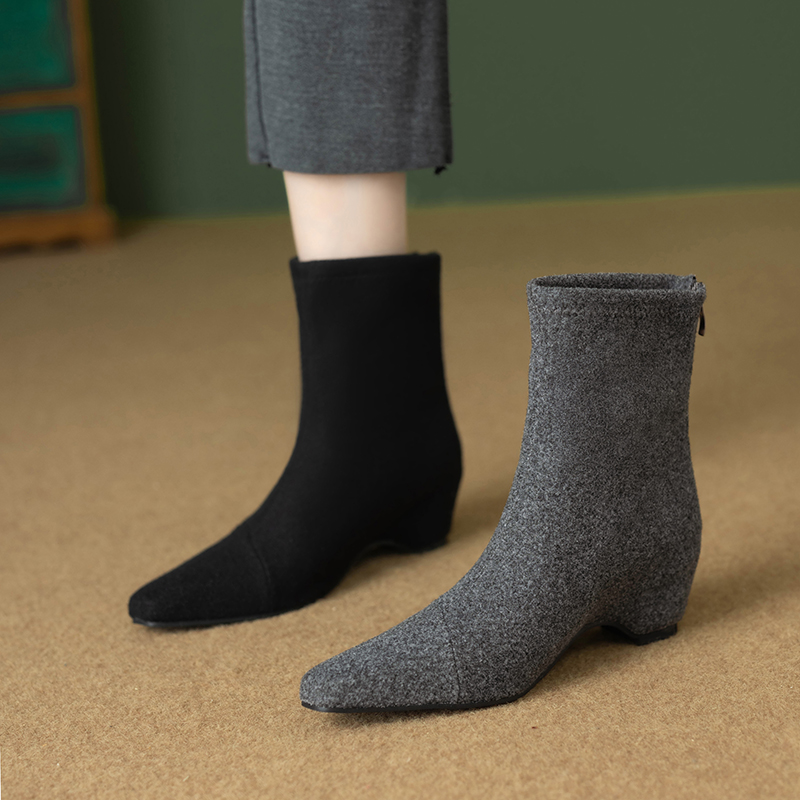 内增高后拉链瘦瘦靴2025秋冬毛呢缝线短靴女韩版方头袜靴青年靴子