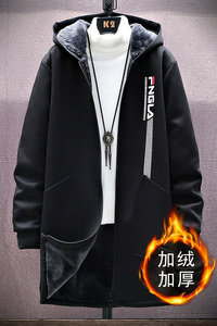秋冬棉衣连帽外套2021男士大码加绒加厚中长款风衣男 F930图片