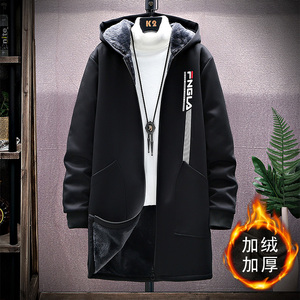 秋冬棉衣连帽外套2021男士大码加绒加厚中长款风衣男 F930图片
