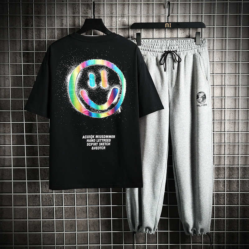 网格夏季新款宽松潮牌T恤九分裤运动休闲短袖T恤套装男TZ112-P78,男装T恤,电商A441
