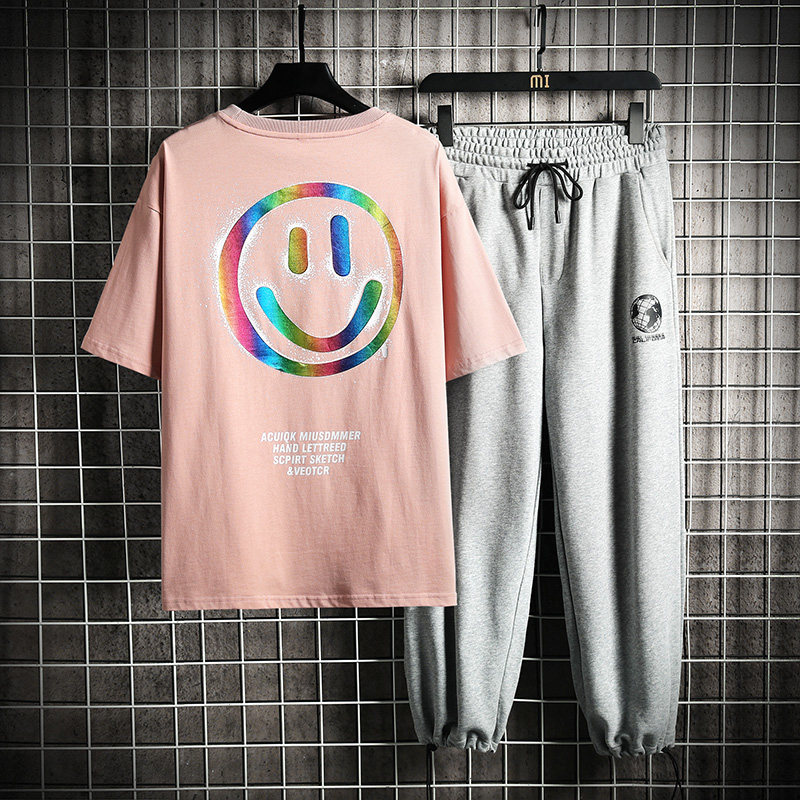 网格 夏季新款宽松潮牌T恤九分裤运动休闲短袖T恤套装男TZ112-P78图片