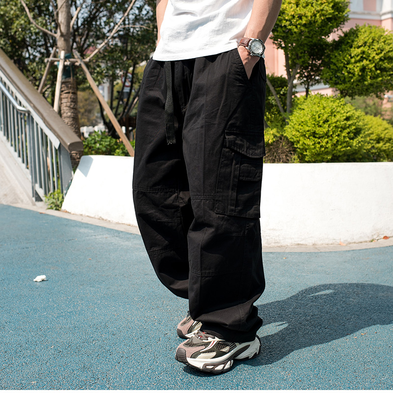 肥佬大码男裤卡扣腰带工装裤男多口袋休闲裤宽松阔腿裤直筒男长裤