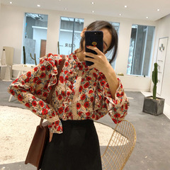 Real shot real price frill Decor versatile trumpet sleeve jacquard cut collar floral floral long sleeve top