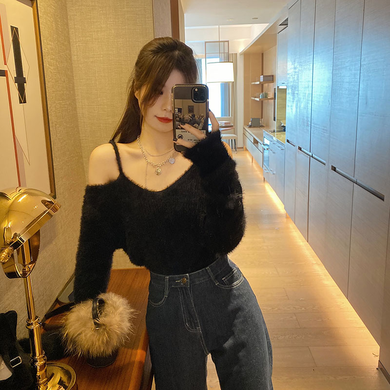 Real shot real price mink hair sling off shoulder soft sweater