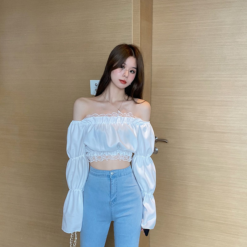 Real shot real price sexy one shoulder open collarbone long sleeve shirt Ruffle shirt