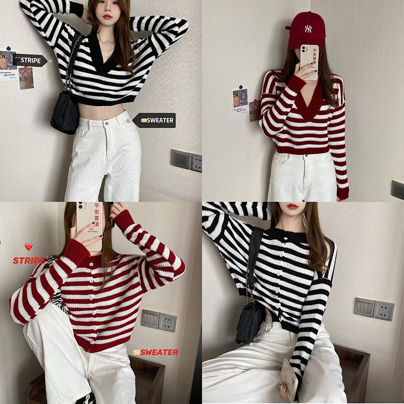 Real price Korean color matching striped sweater cardigan can be worn on both sides