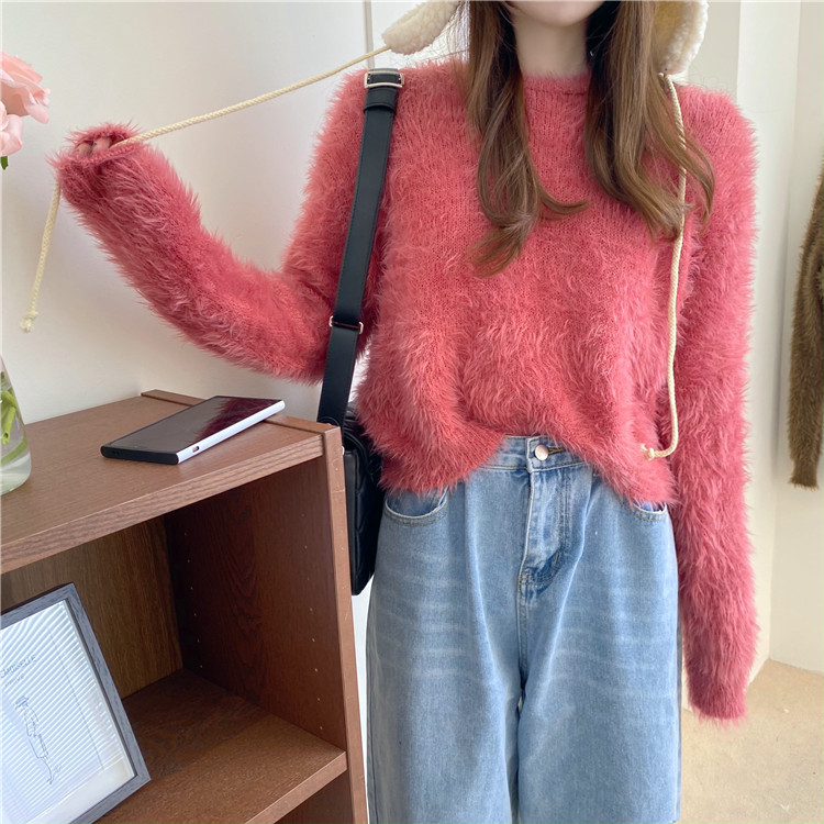 Real price multicolor round neck Pullover long sleeve loose thickened Plush sweater