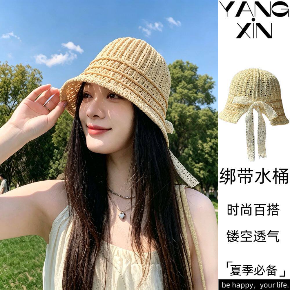 编织草帽女夏海边沙滩旅游防晒帽度假渔夫帽镂空透气易收纳遮阳帽