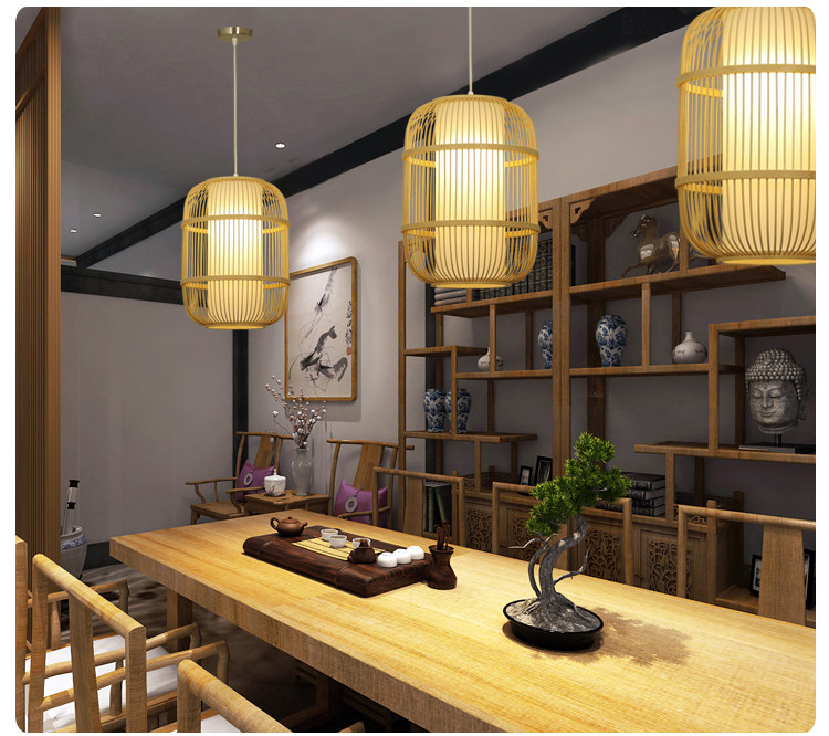 新中式禅意吊灯日式餐厅灯单头吧台竹编鸟笼灯具阳台灯笼茶室过道