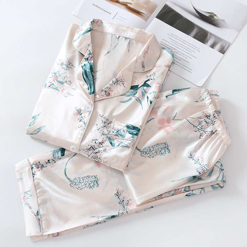 春夏冰丝睡衣女长袖两件套装春秋性感薄款仿真丝绸外穿妈妈家居服