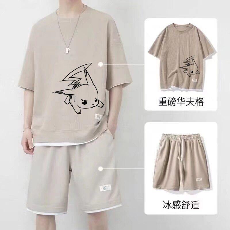 夏季潮牌华夫格短袖T恤男士韩版潮流宽松五分运动短裤两件套套装