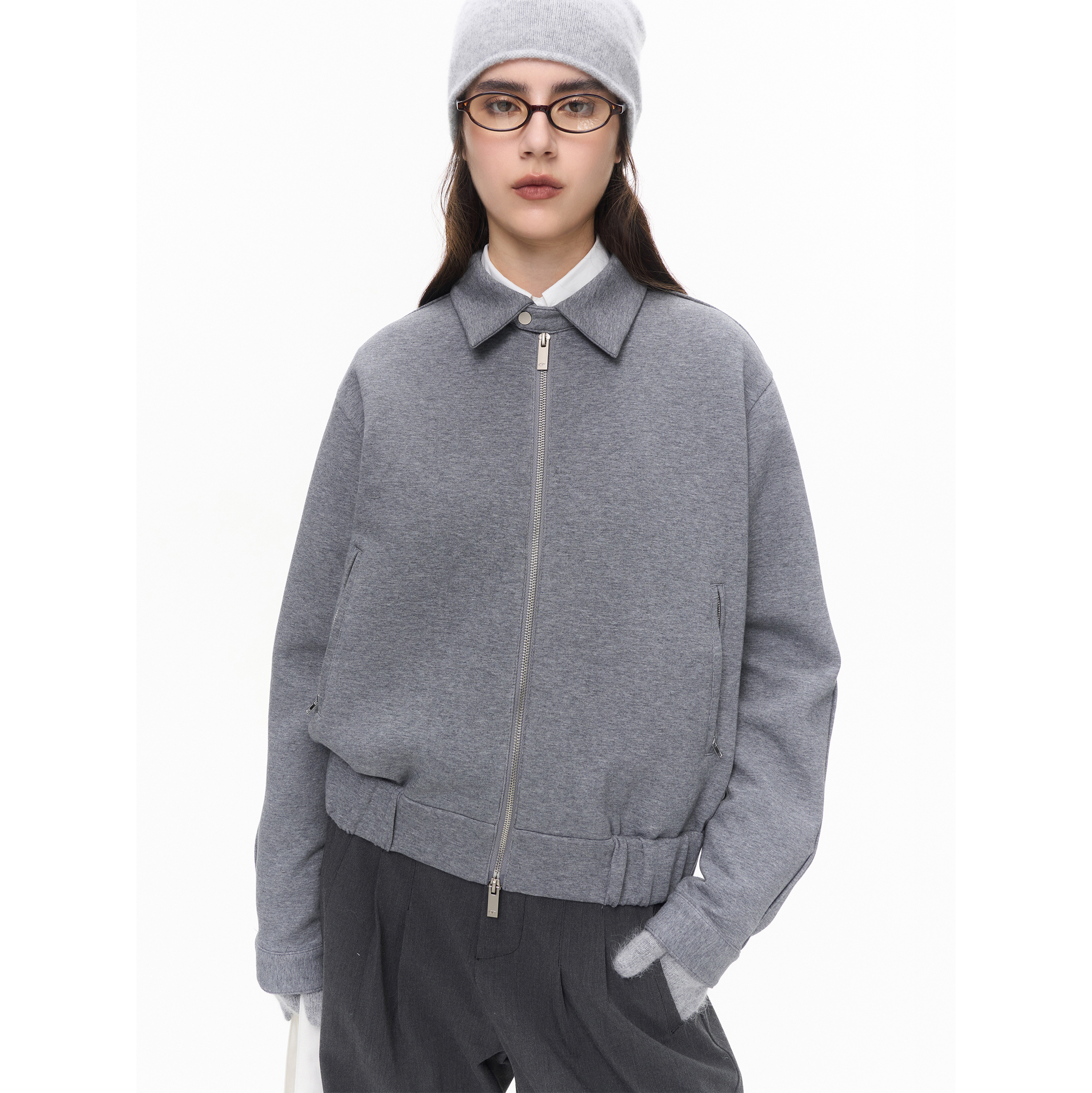 【灰色夹克】香料怪兽秋冬女中版型重工复古老干部风短双拉链外套