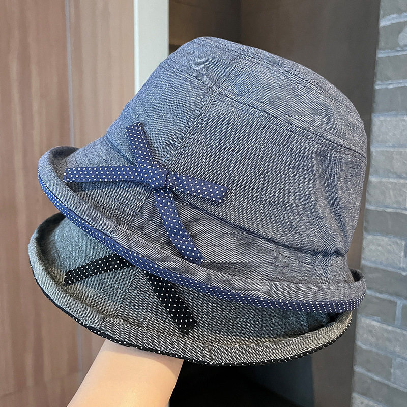 波点蝴蝶结渔夫帽女春夏季卷边盆帽出游遮阳帽子透气棉麻水桶帽子