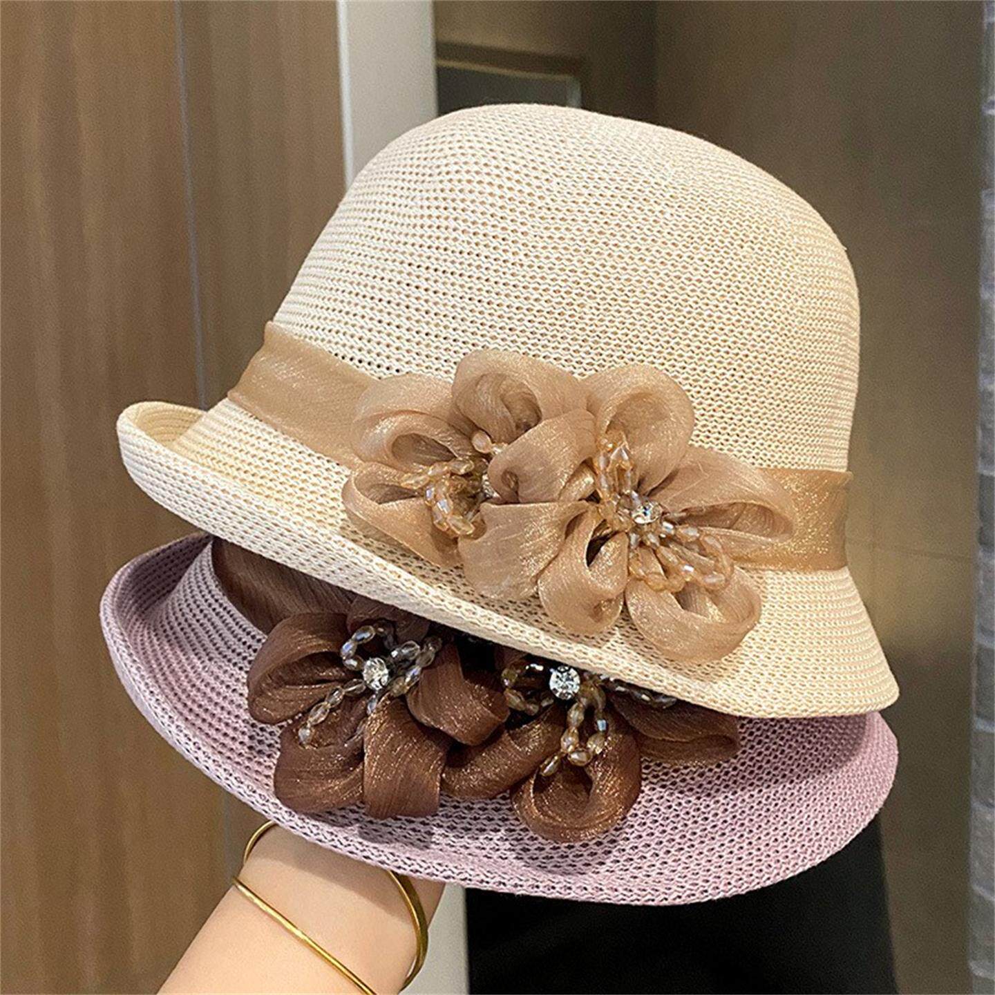 法式女帽子中年妈妈花朵翘边渔夫帽春夏针织镂空透气遮阳防晒冒子
