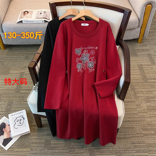 300斤中长款针织毛衣裙女特大码韩系胖mm宽松显瘦红色新年连衣裙