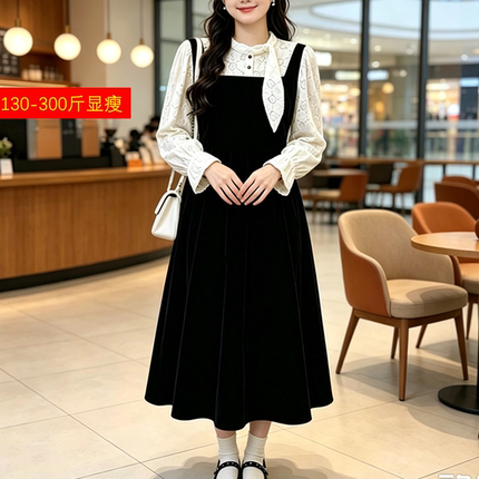 特大码女装法式气质显瘦假两件连衣裙300斤胖mm遮肚长袖春秋a字裙