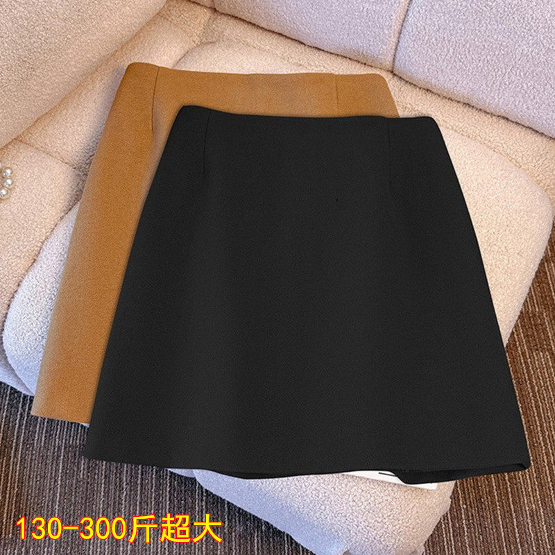 300斤特超大码高腰复古毛呢短裙女秋冬韩版胖mm宽松显瘦A字半身裙