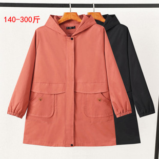 特大码中长款连帽风衣外套女300斤春秋韩版胖mm宽松遮肚子A字上衣