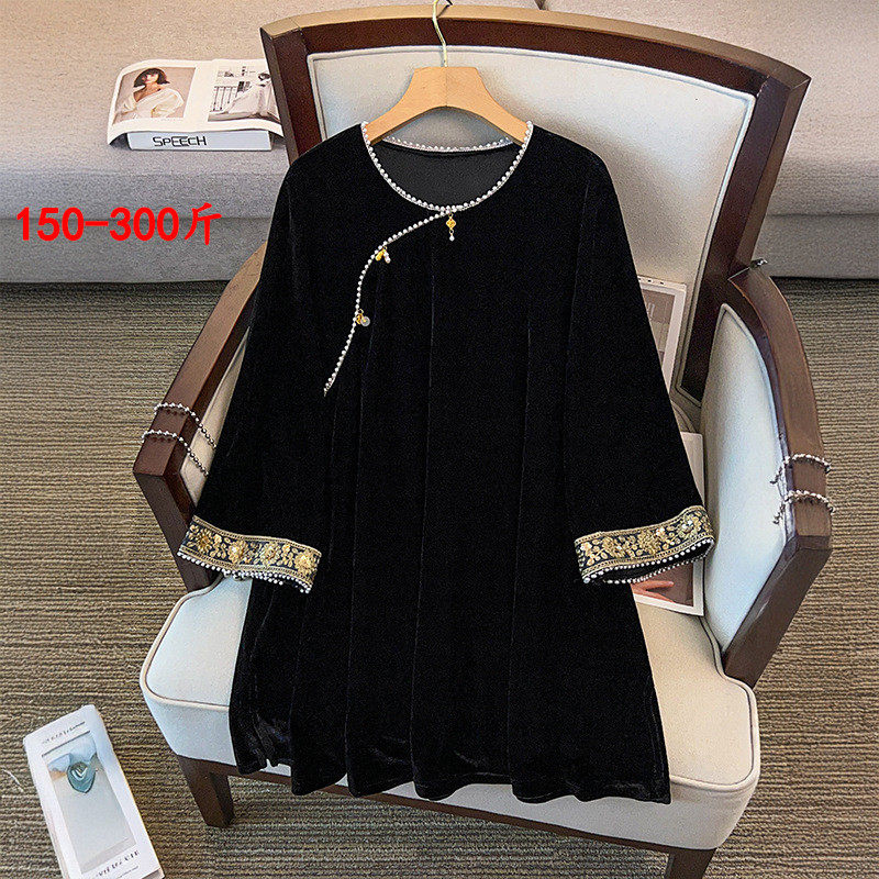 特大码女装新中式国风打底衫300斤胖mm秋冬宽松七分袖T恤时尚上衣