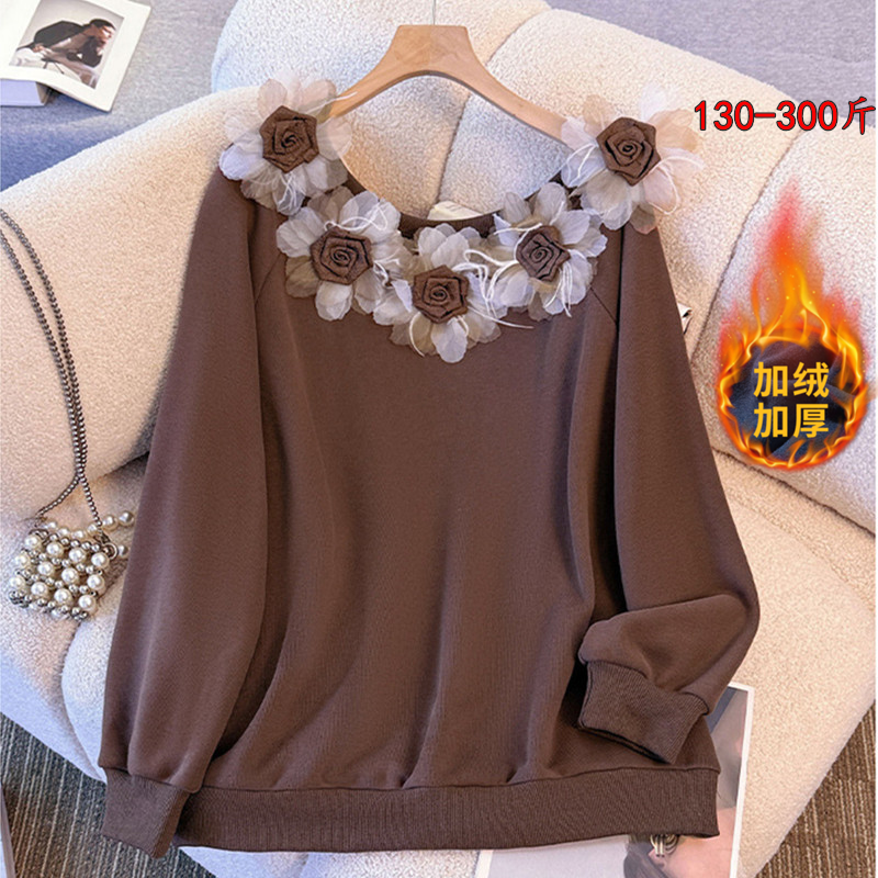 胖mm冬季加绒加厚花朵卫衣女特大码宽松显瘦300斤高级感韩版上衣