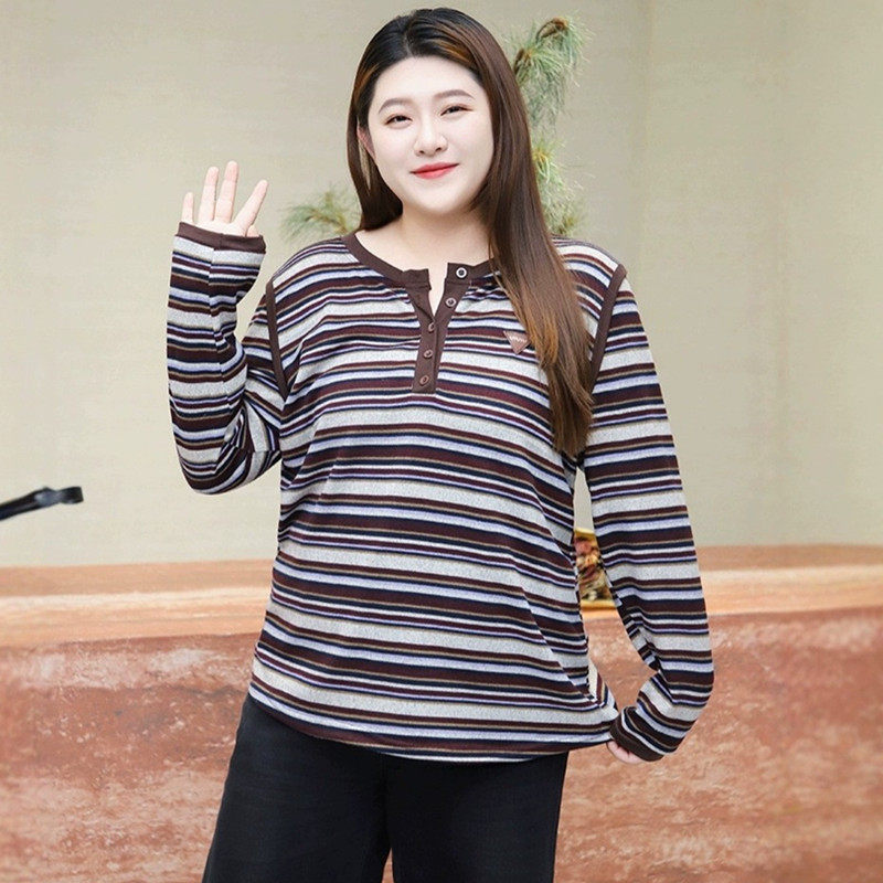 特大码女秋装200斤条纹长袖T恤300斤加肥加大胖mm减龄打底衫上衣