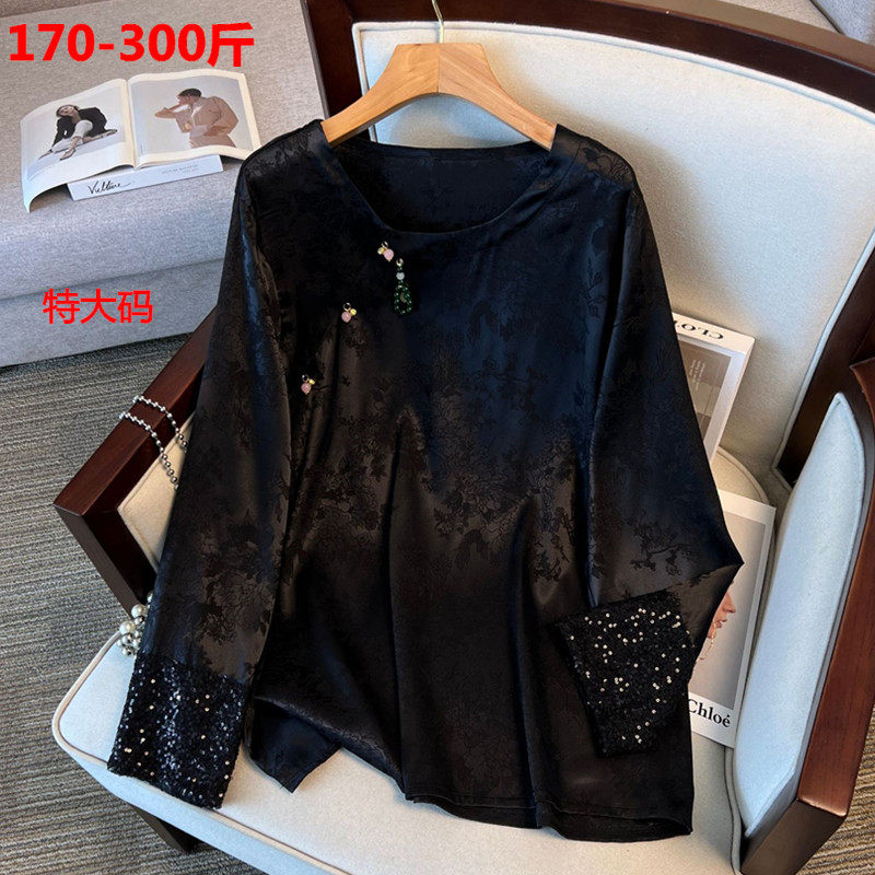 300新中式春秋长袖T恤2025特大码女装胖mm宽松时尚国风打底衫上衣
