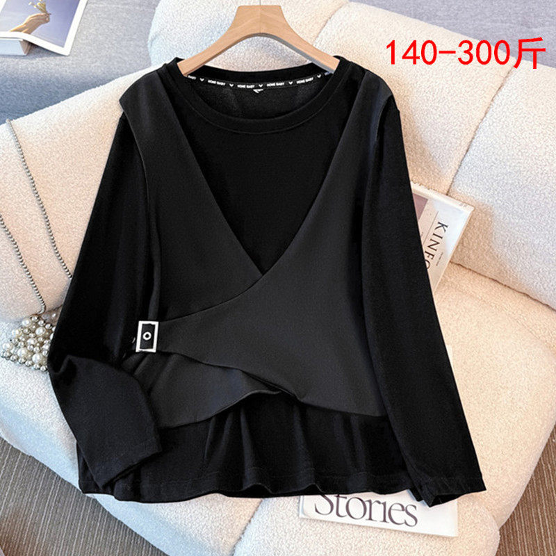 300斤特大码女装洋气显瘦假两件T恤胖mm秋季宽松遮肚子打底衫上衣