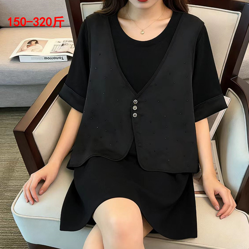 胖mm夏宽松假两件马甲T恤上衣女