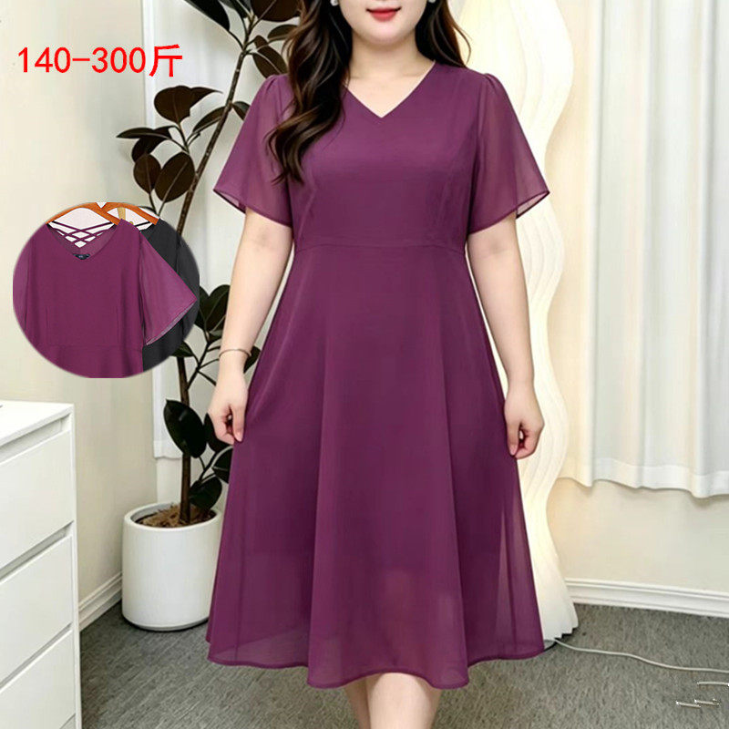 特大码气质显瘦V领连衣裙女300斤夏季韩版胖mm遮肚短袖A字雪纺裙
