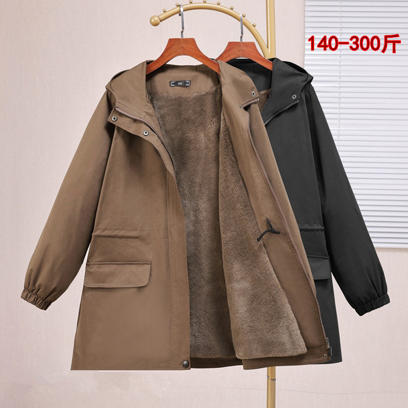 胖妹中长款连帽加绒加厚棉服外套