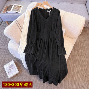 特大码女装长袖法式复古V领连衣裙300斤胖mm春秋气质显瘦A字长裙