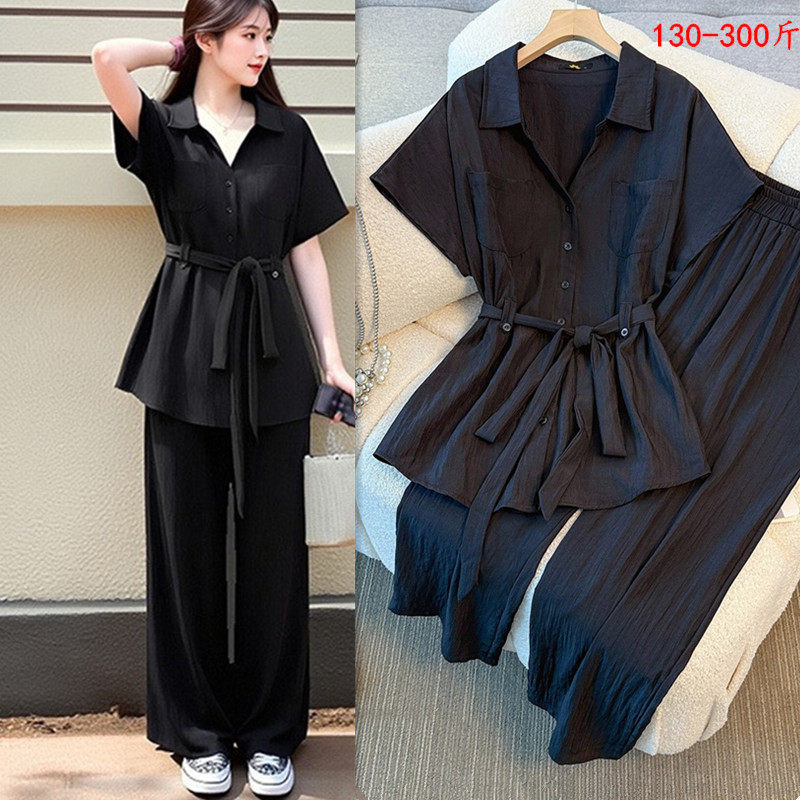 特大码300斤巨显瘦韩系短袖衬衫高腰直筒阔腿裤胖mm时尚套装女夏
