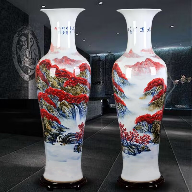 景德镇釉里红山水礼品落地大花瓶