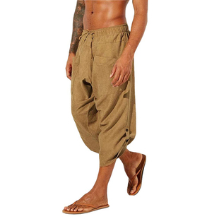 Mens Linen Harem Capri Pants Drawstring 3/4 Shorts Thai Pant