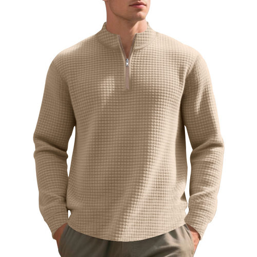 Men Zip Pullover Quilted Sweatshirt Knit Long Sleeve Sweater