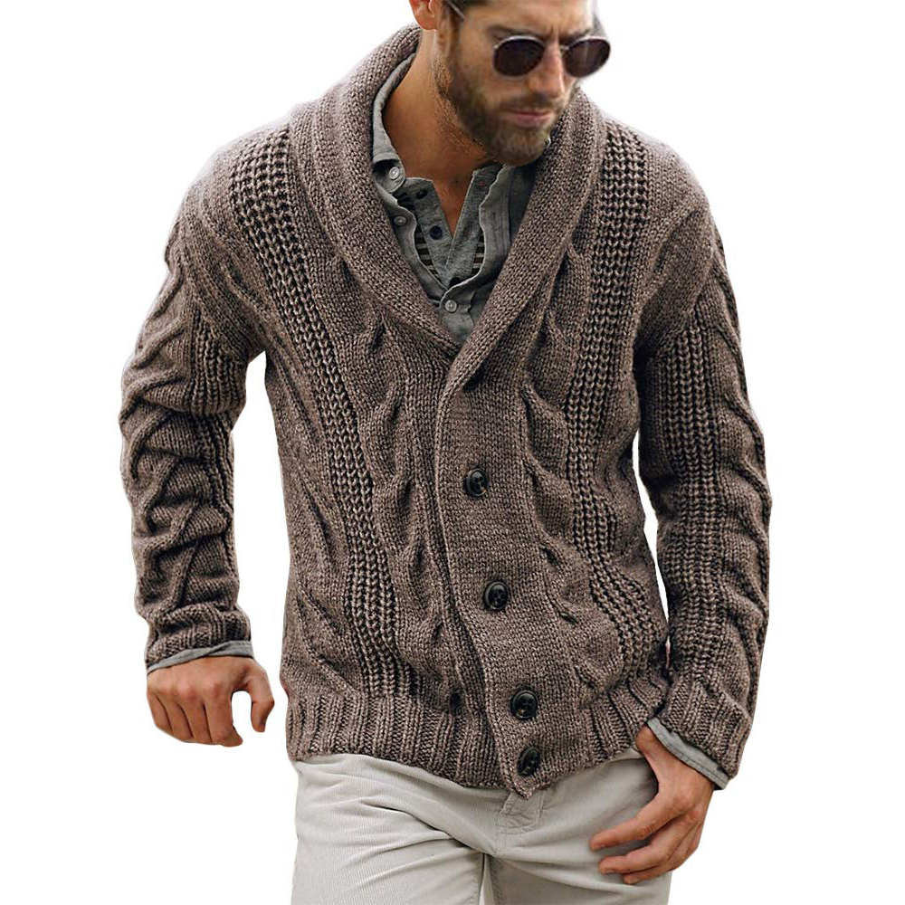 Mens Cable Knit Cardigan Sweater Shawl Collar Loose Fit 开衫