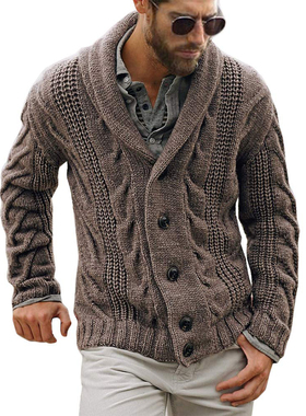 Mens Cable Knit Cardigan Sweater Shawl Collar Loose Fit 开衫