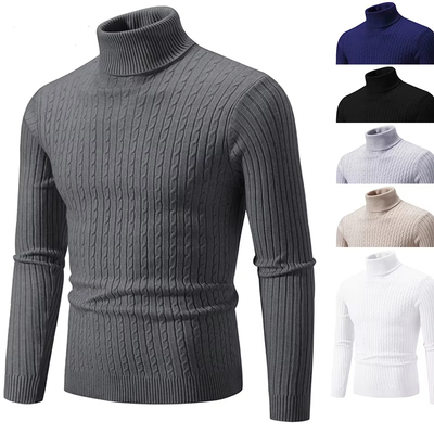 Mens Ribbed Slim Knitted Pullover Casual Turtleneck Sweater
