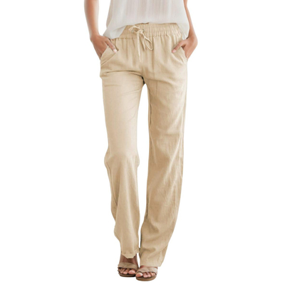 Womens Casual Linen High Waist Pants Drawstring Trousers