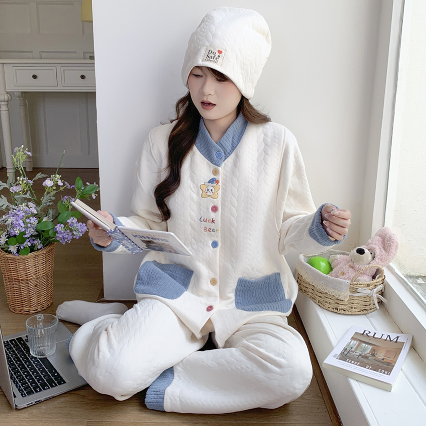 秋冬带胸垫空气棉月子服纯棉哺乳