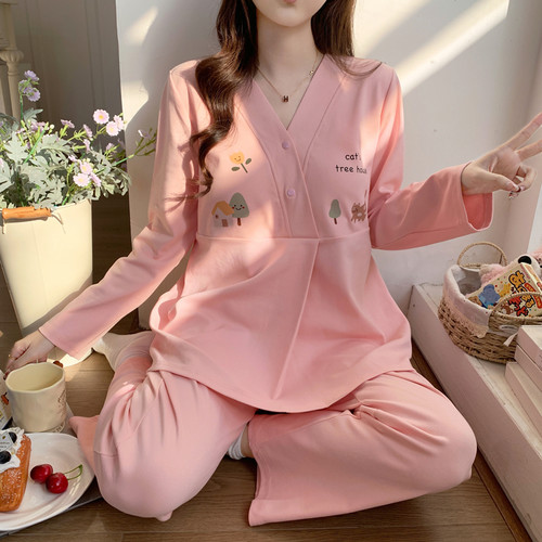 带胸垫月子服夏薄款纯棉哺乳睡衣