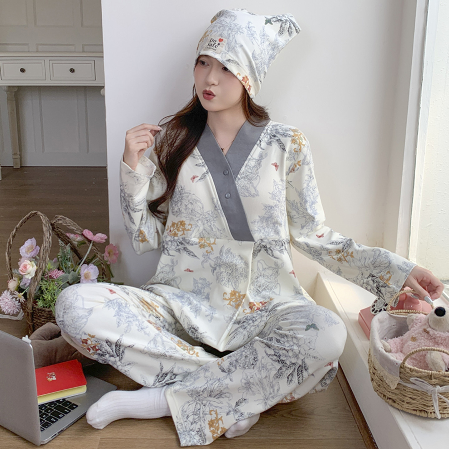 带胸垫月子服秋冬季德绒哺乳睡衣