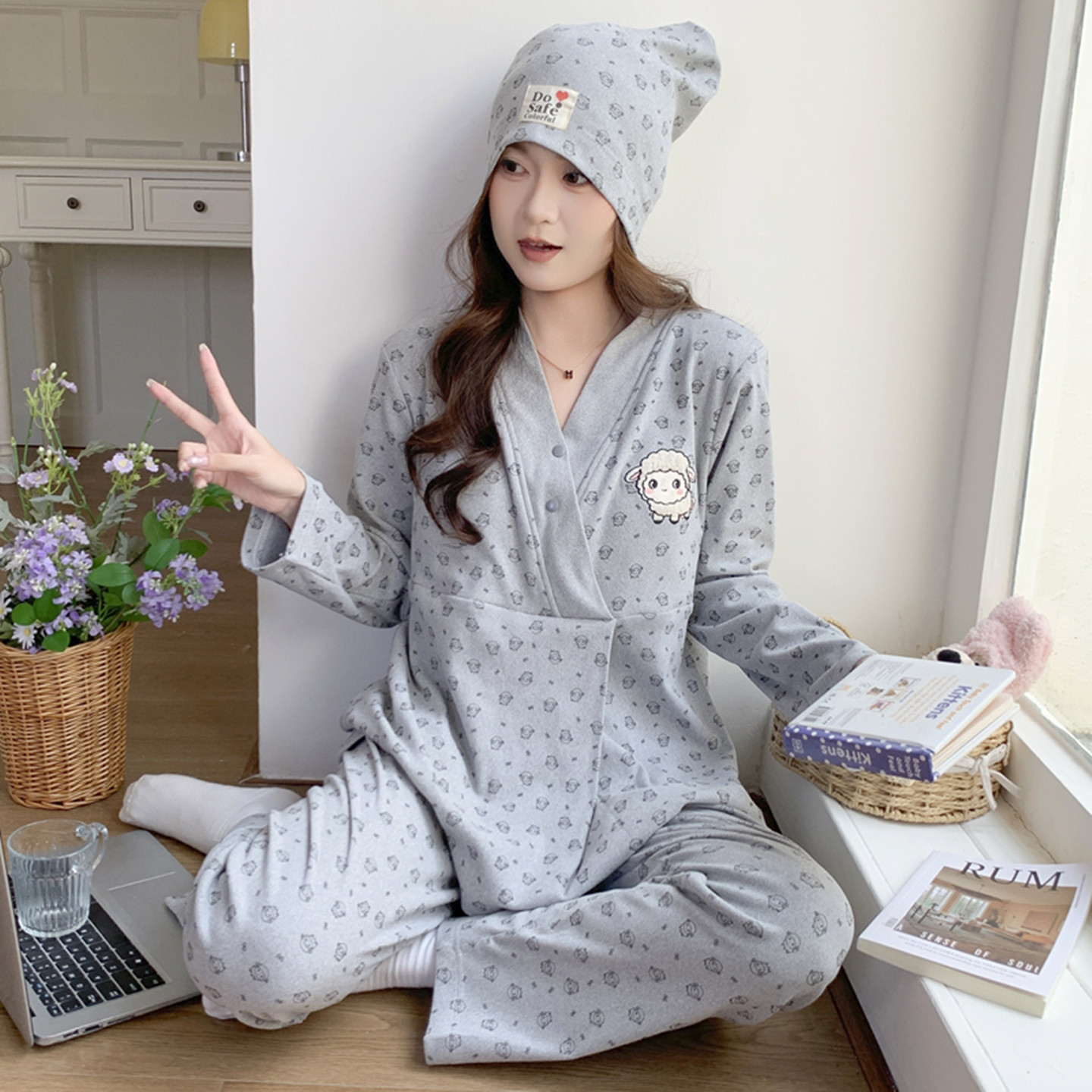 带胸垫月子服秋冬季德绒哺乳睡衣