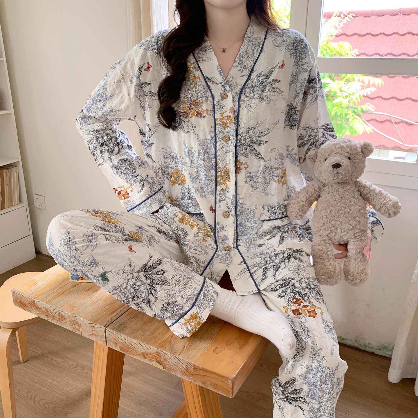 带胸垫月子服夏薄款纯棉哺乳睡衣