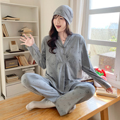 春秋喂奶家居服 产后可哺乳孕妇睡衣大码 带胸垫月子服纯棉夏季 薄款