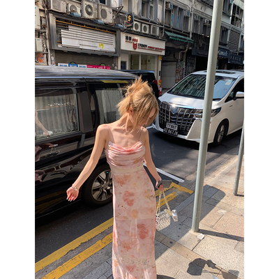 uuyeii 招桃花裙！蕾丝 晕染吊带连衣裙女夏季法式A字中长款裙子