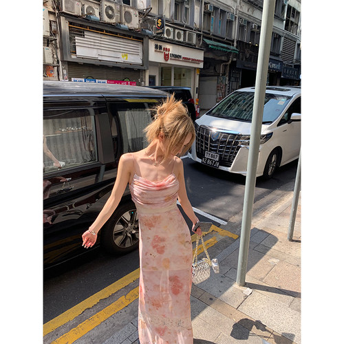 uuyeii 招桃花裙！蕾丝 晕染吊带连衣裙女夏季法式A字中长款裙子