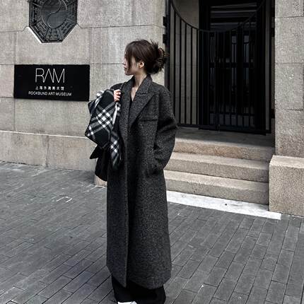 uuyeii 柏林大衣 花灰毛呢气质翻领长款大衣女秋冬垂感呢子外套