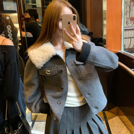 uuyeii 原创 可拆卸毛领夹克双色双面呢外套女羊毛混纺短款百搭