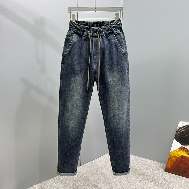 2025秋冬新款加绒牛仔裤子男士潮流休闲宽松直筒裤弹力哈伦九分裤